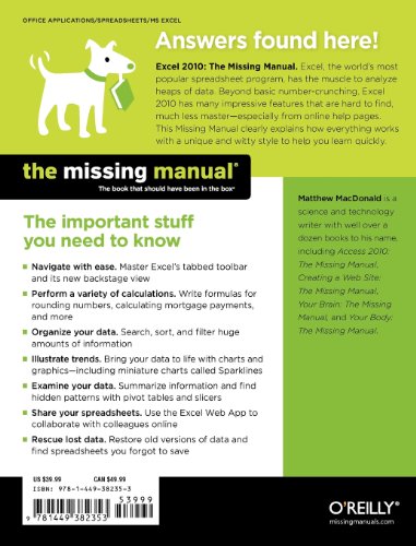 Excel 2010: the Missing Manual   2010 9781449382353 Front Cover